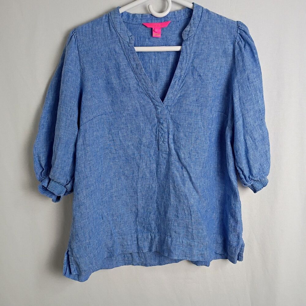 Lilly Pulitzer Size 6 100% Linen Blouse Blue Denim Look Boho Lagenlook